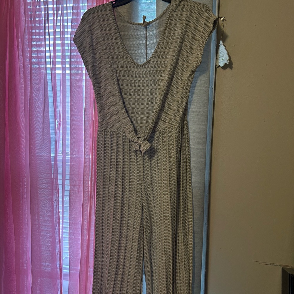 Caution To The Wind Gray Jumpsuit with V-Neck and Tie Waist